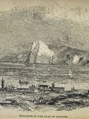 Rare antique engraving 1841 “View of the Gulf of Corinth” used, Corinth