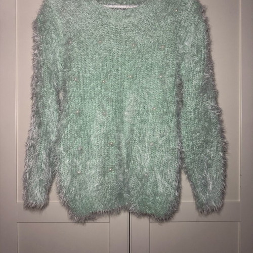Fullah Sugah fluffy sweater with pearls like new, green