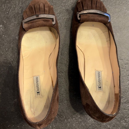 Kalogirou dark brown suede heeled loafers used with metal buckle and fringe size 38.5