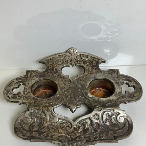Antique double iron desk inkwell with baroque decoration