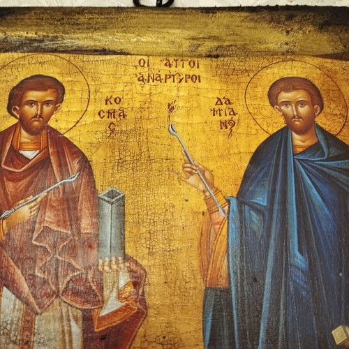 Handmade Orthodox icon of Saints Cosmas and Damian new