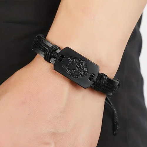 Wolf Head Leather Bracelet modern new black