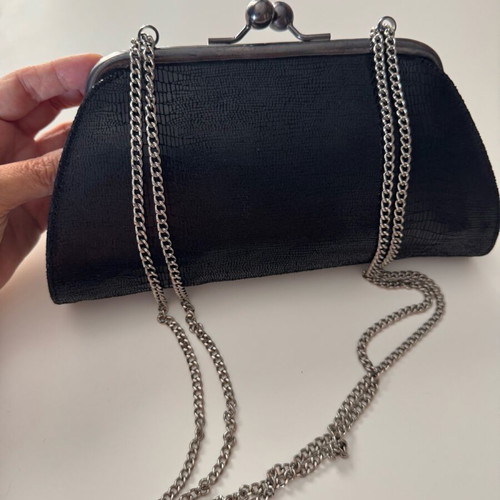 Vintage evening bag black leather with silver details like new