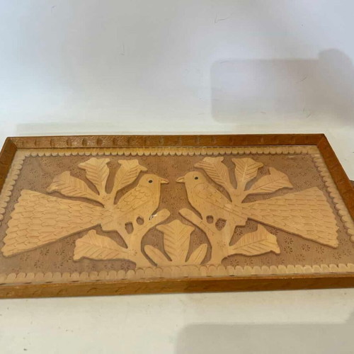 Vintage wooden serving tray with carved pattern used, 45.5x21 cm