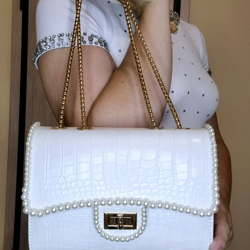 Crossbody bag like new, white and gold with hand-stitched decorations
