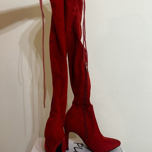 Over the knee boots red size 36 new, suede fabric with zipper and laces