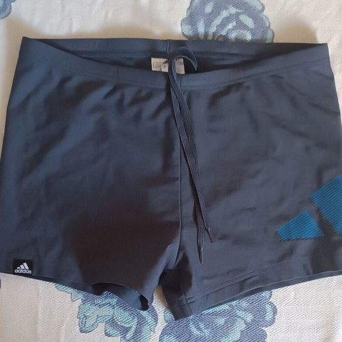 Adidas men's athletic boxer swim shorts, dark grey with blue design, size M