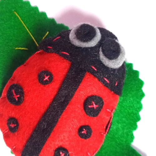 Ladybug pin on leaf handmade, new felt brooch