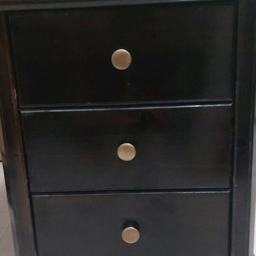 Wooden vintage nightstand with 3 drawers used, dark brown