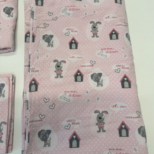 Flannel cotton single bed sheet set, pink with dog print