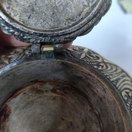Vintage brass decorative container with lid used, carved design