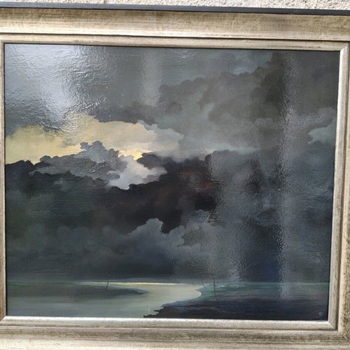 Seascape oil painting on fiberboard used