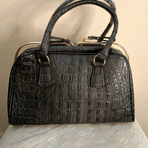 Leather Faux Satchel Bag Croco New With Gold Metal Details