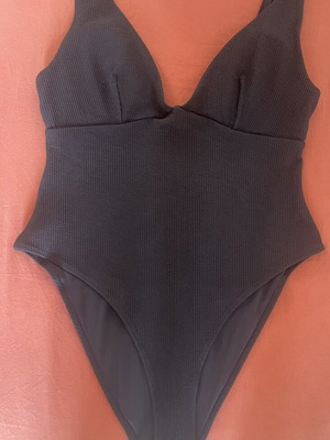 H&M embossed rib one-piece swimsuit high-leg with V neckline used, gray and blue