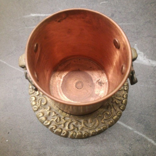 Copper serving set used, 4 pieces with embossed design