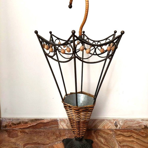 Vintage umbrella stand used, umbrella-shaped with metal and wicker details