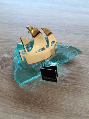 Tzomaka's Jewellery Brass Ship Sculpture on Turquoise Glass