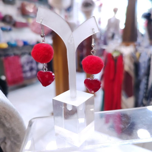 Velvet Heart Passion earrings new, red with velvet pom poms and crystal hearts