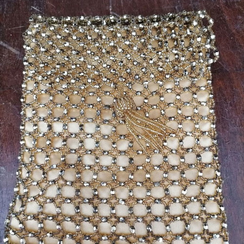 Evening bag used, gold-yellow shoulder with beaded chain strap