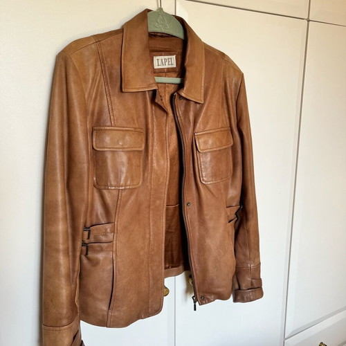 Lapel leather jacket used, brown, size medium