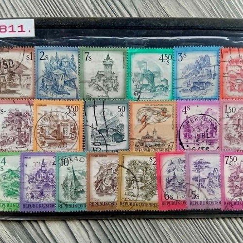 Austria stamp card used, 1950s and 1970s landscapes series