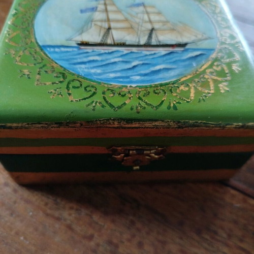 Wooden box with hand-painted Greek sailboat, like new