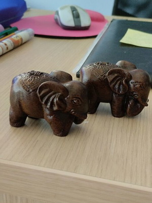 Set of 2 Wooden Feng Shui Elephant Figurines, Lucky Charms