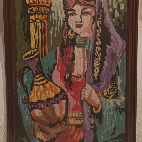 Vintage embroidered cross-stitch painting used, 1950s-60s