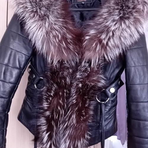 Balos leather jacket with silver fox collar, like new, size M