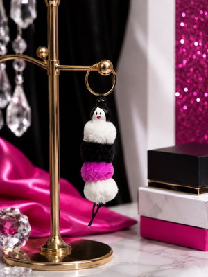 Lady Keychain new with wooden and fur beads, multicolor