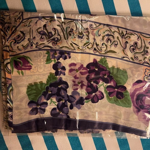 Silk scarf natural new, large 90x90, white with flowers