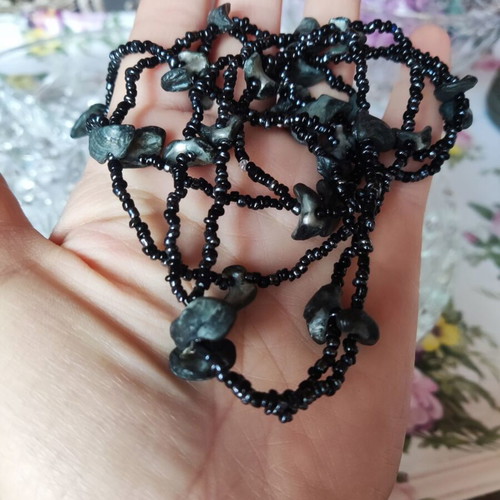 Handmade long necklace with black beads and shell chips like new