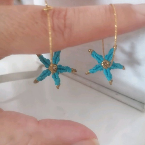 Macrame earrings like new, handmade blue starfish with steel hoops