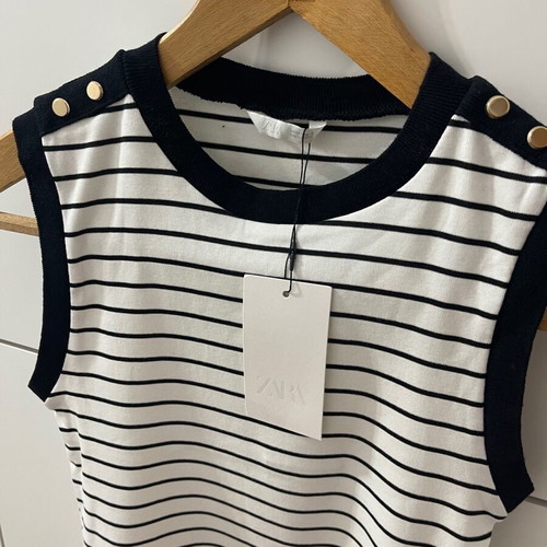 Zara Black and White Striped Top Size S New with Tags Gold Shoulder Buttons