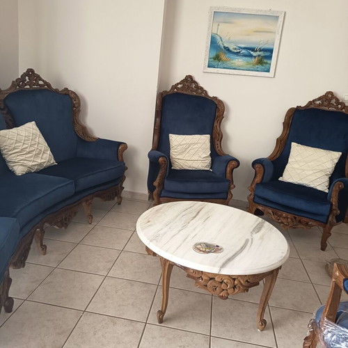 Handmade Victorian-style living room set, six pieces, blue velvet