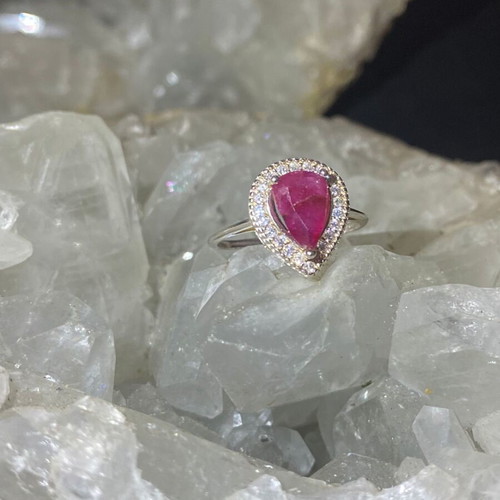 Silver ring with natural ruby and moissanites, new