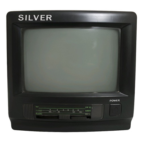 Silver portable radio TV used with AV and car adapter