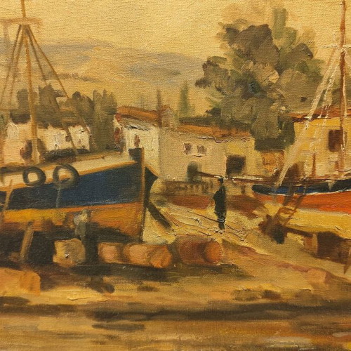 Oil painting on canvas by Antonis Karras used, seaside landscape with fishing boats