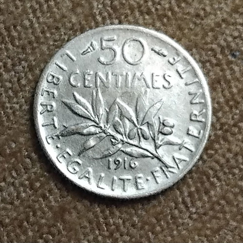 France 50 Centimes 1916 silver coin 0.835, 2.5g rare