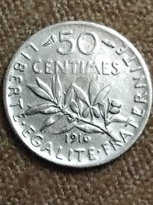 France 50 Centimes 1916 silver coin 0.835, 2.5g rare