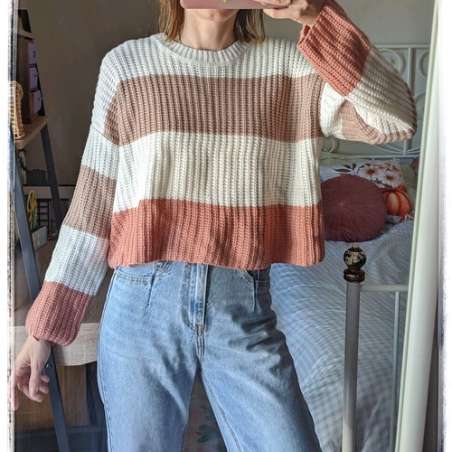 Striped knitted sweater used XS white pink