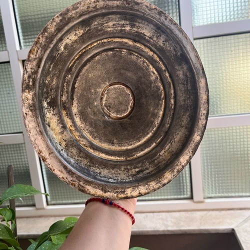 Antique copper pot with lid and monograms used, circa 1900