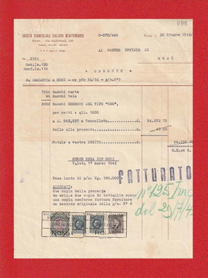 Historical Italian Invoice Fattura 1942 with Cement Stamps used