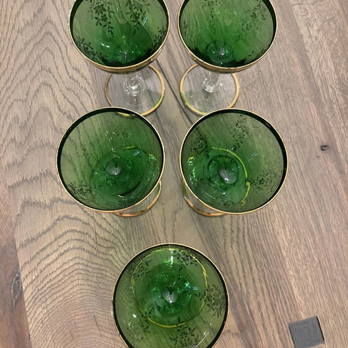 Antique green liqueur glasses with gold decoration, like new