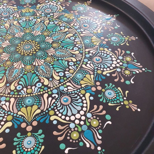 Handpainted Bohemian Style Round Table with Foldable Legs