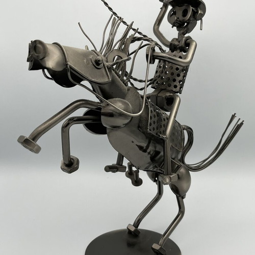 Handmade Industrial Metal Sculpture "Cowboy with Lasso on Horse"