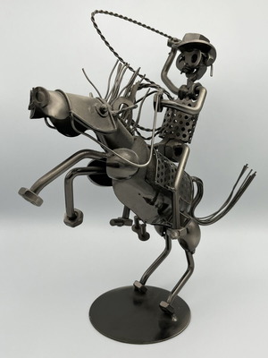 Handmade Industrial Metal Sculpture "Cowboy with Lasso on Horse"
