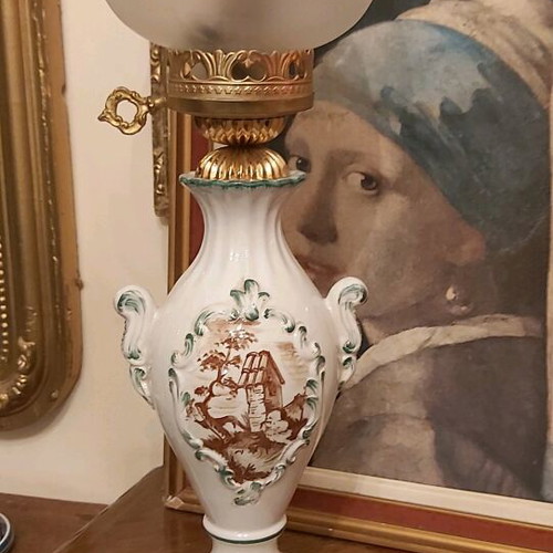 Old French antique lamp made of white porcelain with handmade painting like new