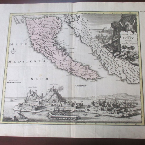 1720 Corfu map by Christoph Weigel used, with Johann David Köhler