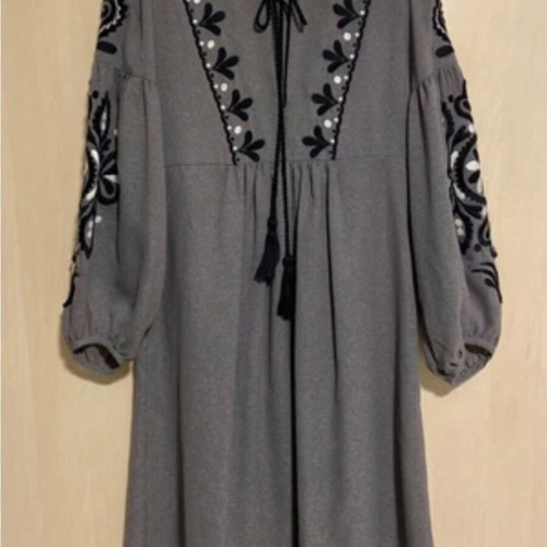 ZARA Boho Midi Dress with Embroidery, Grey Anthracite